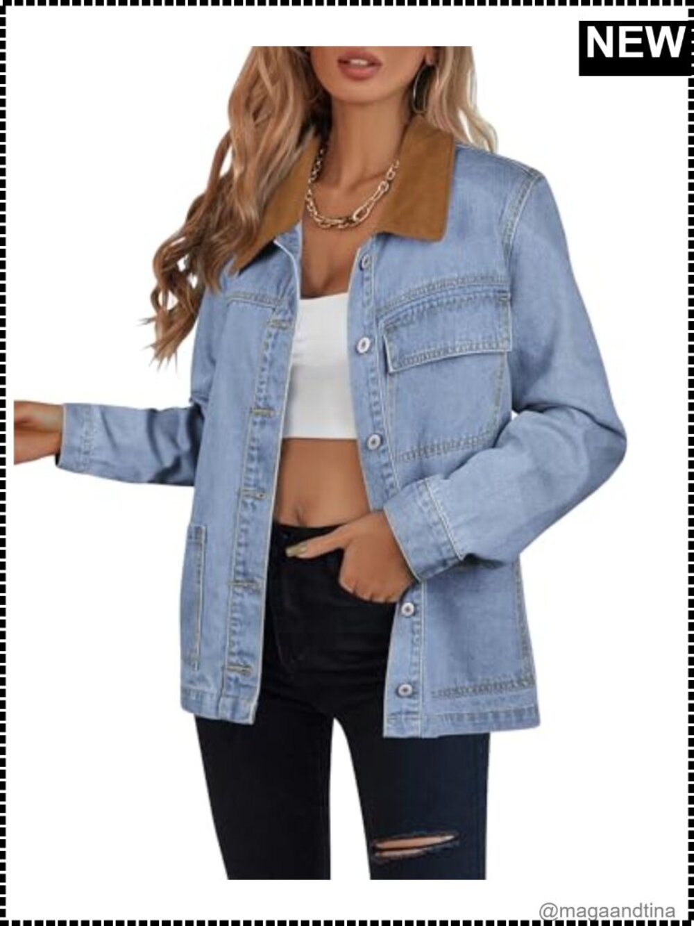 Contrast Corduroy Collar Button Down Denim Jacket Cotton Blend Oversized